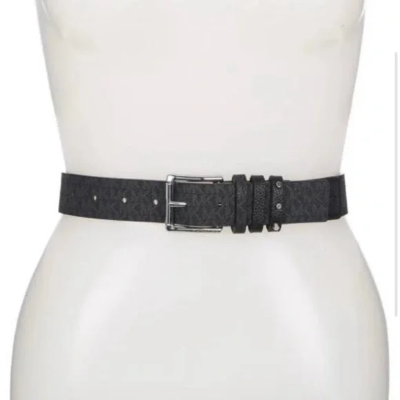 MICHAEL KORS BELT BLACK WITH PRINTED MK LOGO TRIPLE BELT LOOP W/ STUDS BLK - Picture 8 of 13